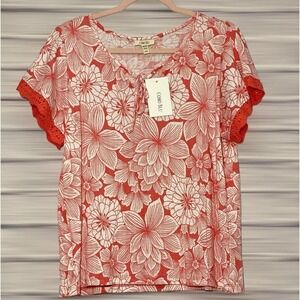 COMO BLU Floral Lace Short Sleeve Blouse Size XL/TG Stretch
